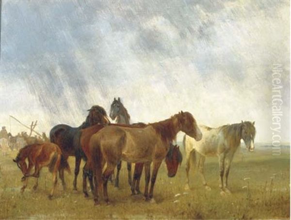 Horses In A Meadow Oil Painting by Heinrich Lang