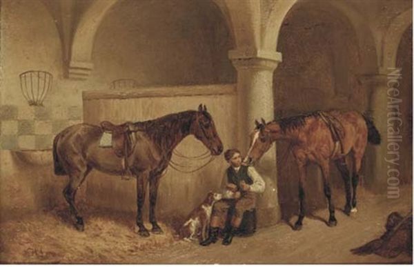 A Huntsman In A Stable Oil Painting by Heinrich Lang