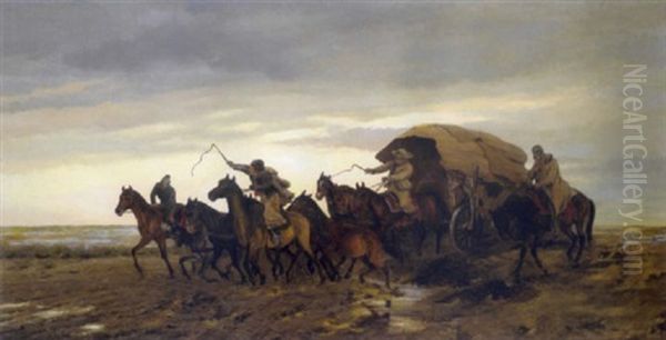 Pferdegespann In Der Pusta Oil Painting by Heinrich Lang