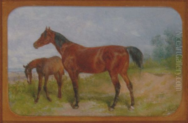 A Mare And Foal In A Landscape Oil Painting by Heinrich Lang