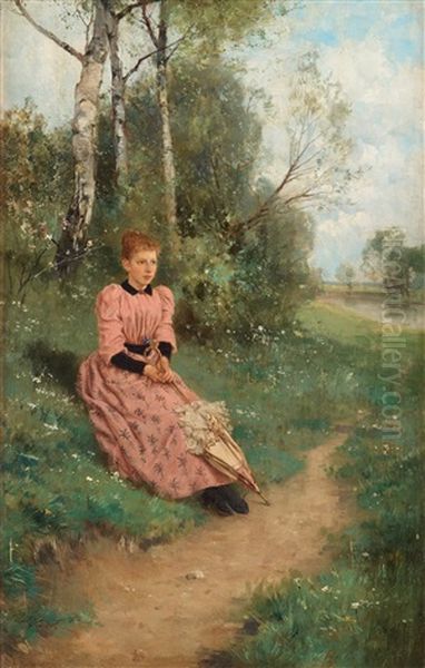 Forest Scene With Young Woman Oil Painting by Louis Lang