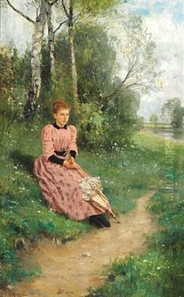 Young Woman In A Pink Dress, Sitting With Parasol Near A Lake Oil Painting by Louis Lang