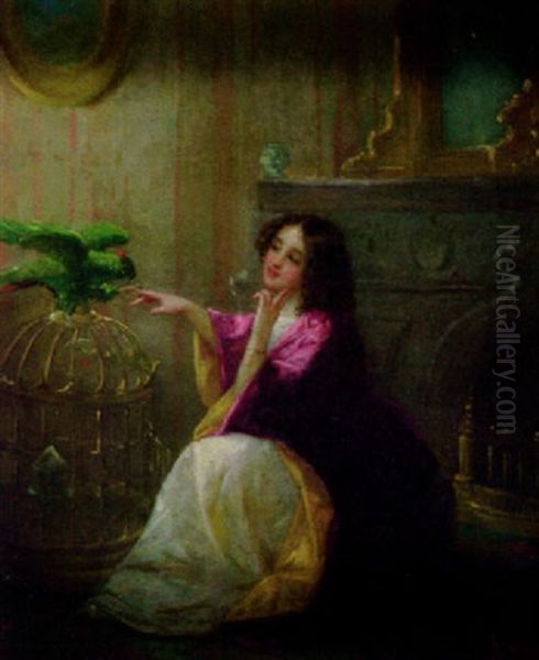 Girl With A Parrot Oil Painting by Louis Lang