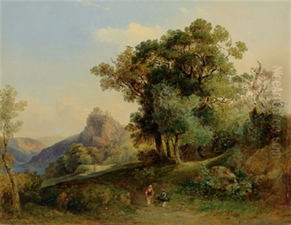 Idyllische Landschaft Im Hintergrund Eine Burganlage Oil Painting by Rudolf Lang