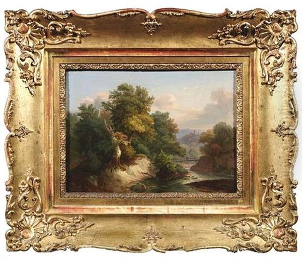 Idyllische Fluslandschaft, Im Hintergrund Erhebt Sich Eine Burg Auf Einer Anhohe Oil Painting by Rudolf Lang