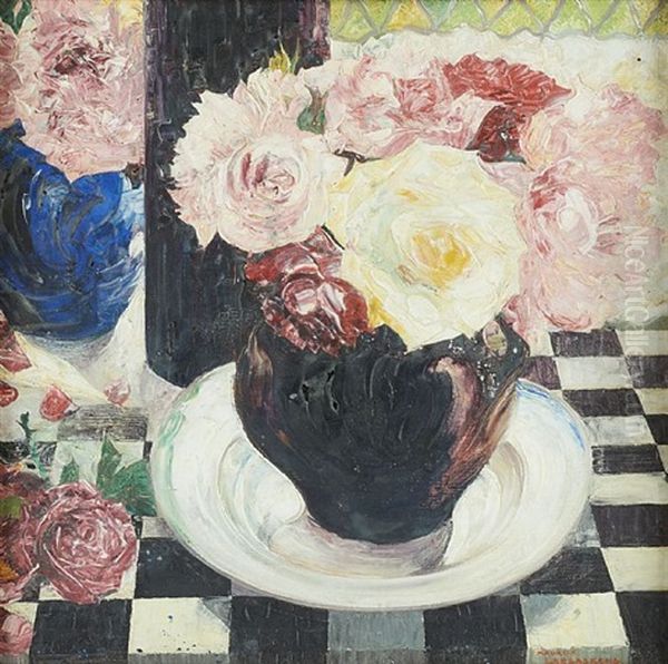 Table Garnie De Roses Oil Painting by Maurice Langaskens