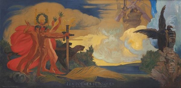 Les Poemes Heroiques, Les Tenebres Chassees Par Un Lumiere (etude Pour Le Foyer De Theatre De Louvain) (study) Oil Painting by Maurice Langaskens