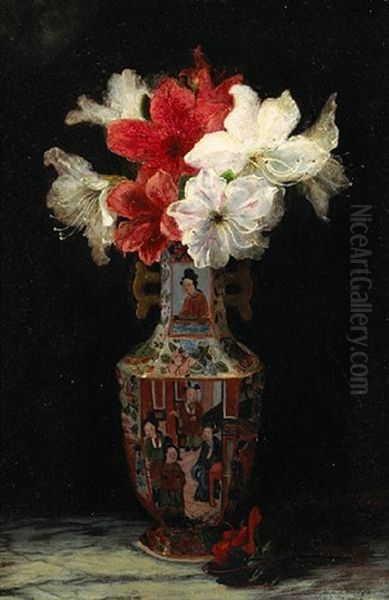 A Still Life Of Flowers In An Cantonese Enamelled Vase Oil Painting by Marmaduke A. Langdale