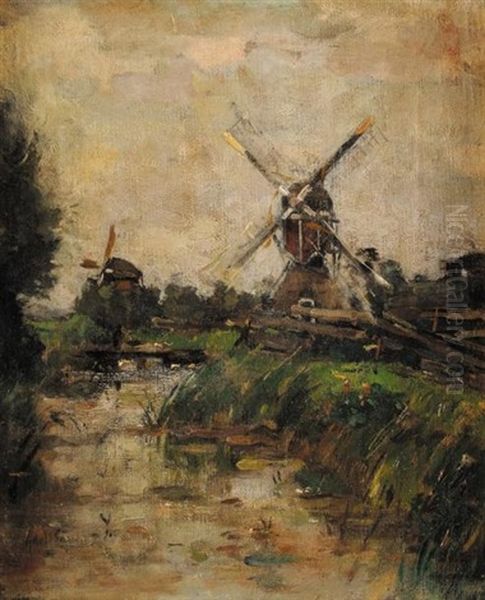 Paysage Aux Moulins Oil Painting by Adolf Frederik Lange