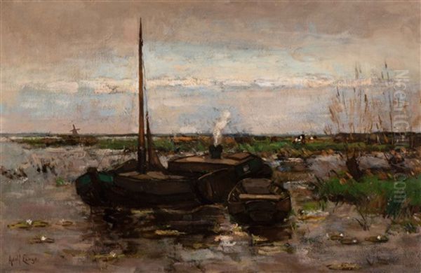 Moored Barge And Rowing Boat In A Polder Landscape Oil Painting by Adolf Frederik Lange