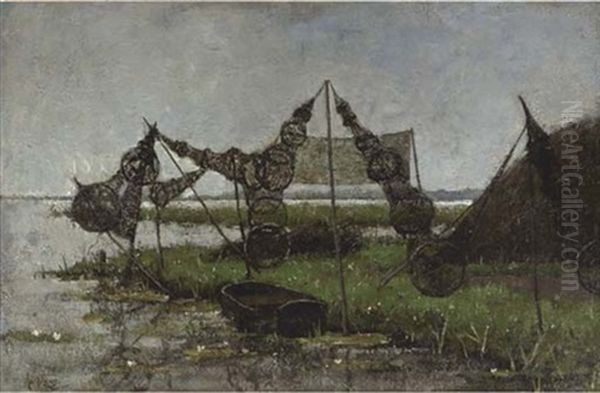 Drying The Fish-traps Oil Painting by Adolf Frederik Lange