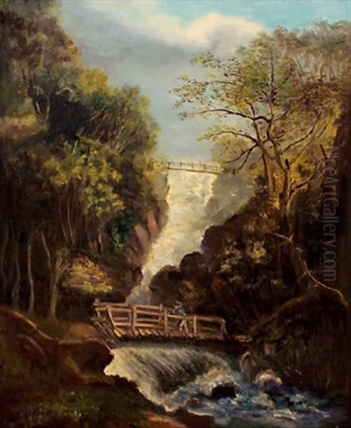 Groser Wasserfall Mit Wanderer Oil Painting by Antoni Lange