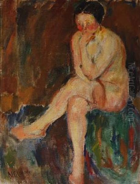 Seated Nude And Sketch Of A Female Model On The Reverse Oil Painting by Erik Niels Lange