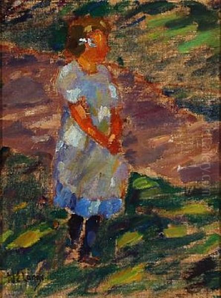 A Little Girl Standing In A Garden With A Glimmer Of Sunshine Oil Painting by Erik Niels Lange