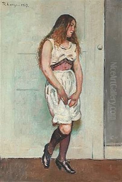 A Girl In White Dress Oil Painting by Frederik Lange