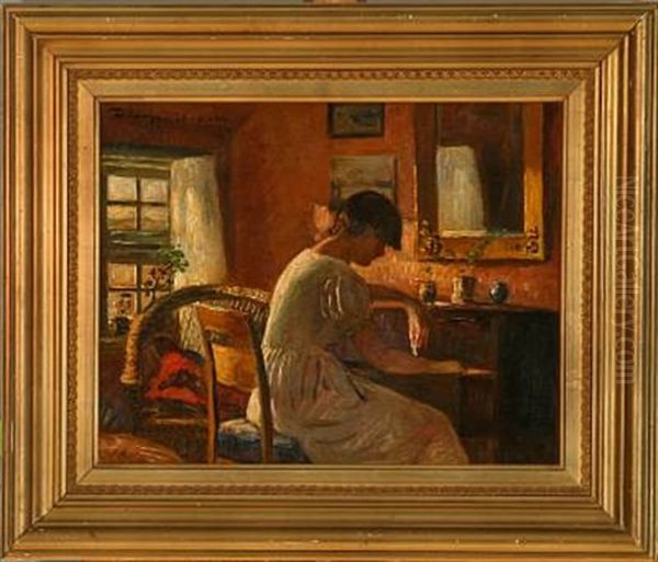 Interior With A Woman At The Desk Oil Painting by Frederik Lange