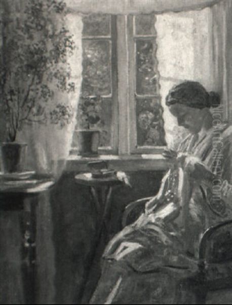 Interior Scene Of A Lady Sewing Oil Painting by Frederik Lange