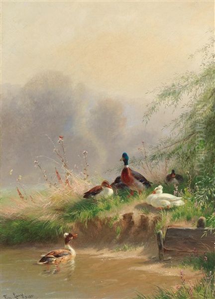 Family Of Ducks By The Pond Oil Painting by Fritz Lange