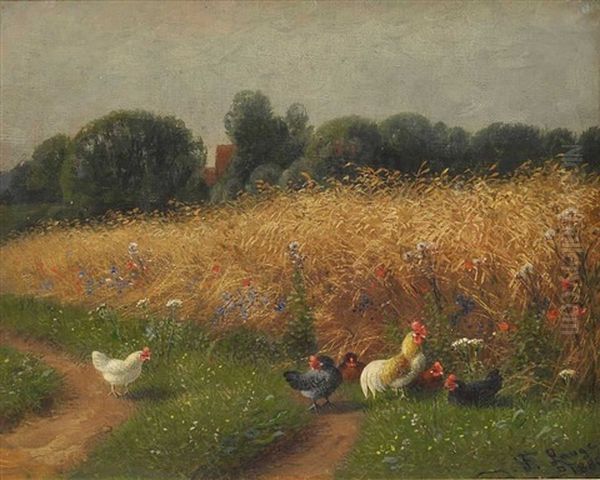 Huhner Am Kornfeld Oil Painting by Fritz Lange