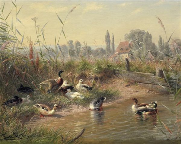 Enten Am Teich Oil Painting by Fritz Lange