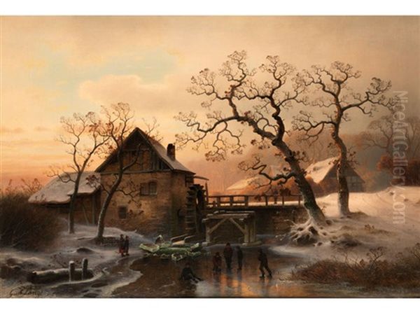 Hollandische Muhle In Winterlandschaft Mit Eislaufern Oil Painting by Johann Gustav Lange