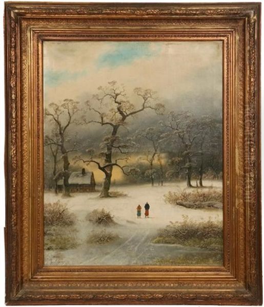 Winter Landscape With Couple Approaching Cottage Oil Painting by Johann Gustav Lange