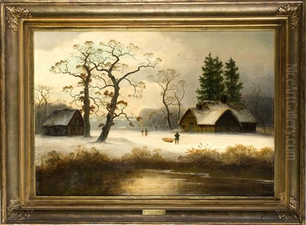 Winterlandschaft Mit Holzsammlern An Einem Kleinen Gehoft Oil Painting by Johann Gustav Lange