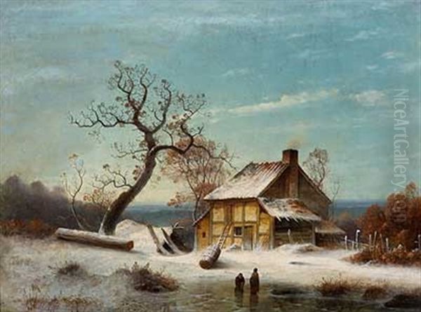 Winterlandschaft Mit Bauern Vor Dem Hof Oil Painting by Johann Gustav Lange