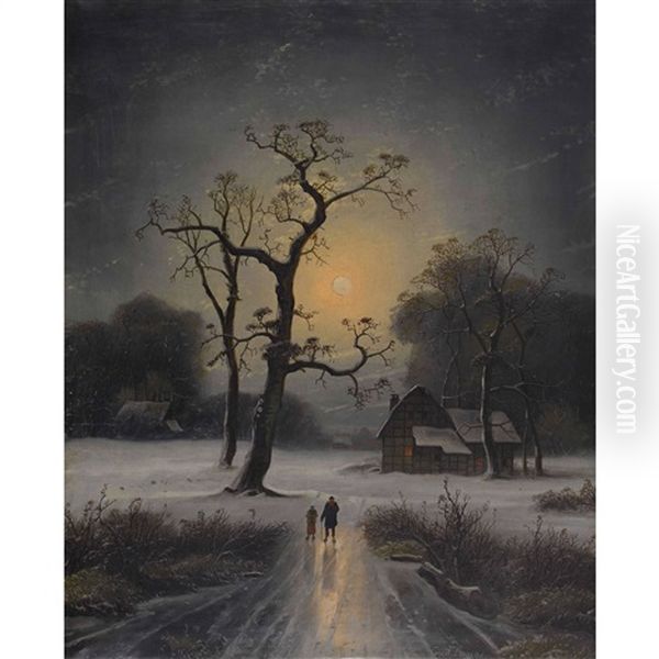 Winterspaziergang Bei Vollmond Oil Painting by Johann Gustav Lange