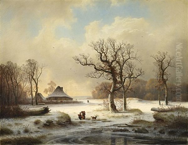 Winter Landscape With Farmstead And Brushwood Collectors Oil Painting by Johann Gustav Lange