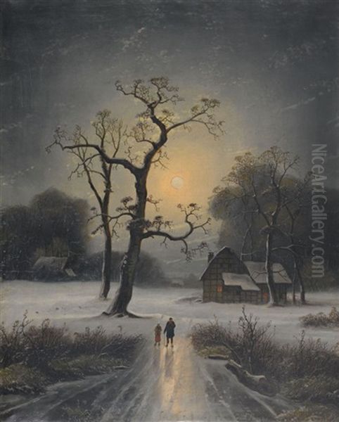 Winterlicher Spaziergang Bei Vollmond Oil Painting by Johann Gustav Lange