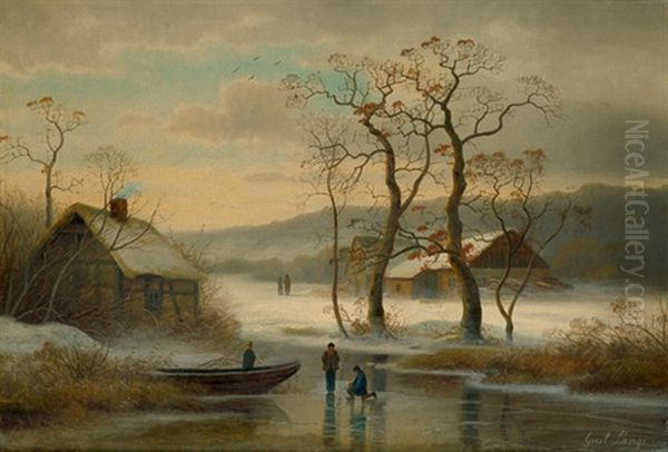 Winterlandschaft Mit Schlittschuhlaufer Oil Painting by Johann Gustav Lange