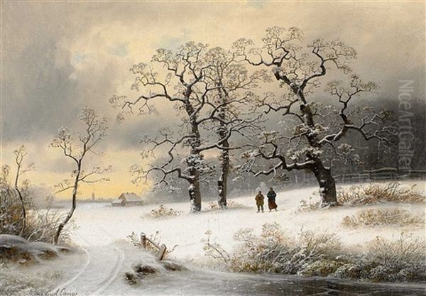 Winterlandschaft Mit Drei Eichen Oil Painting by Johann Gustav Lange