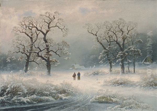 Zwei Frauen Auf Dem Weg In Verschneiter Winterlicher Landschaft Oil Painting by Johann Gustav Lange