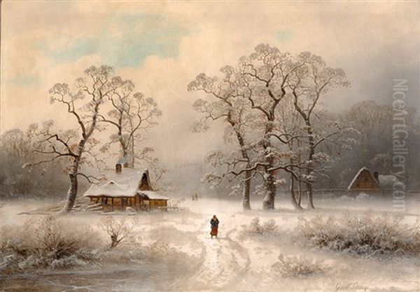 A Winter Landscape Oil Painting by Johann Gustav Lange