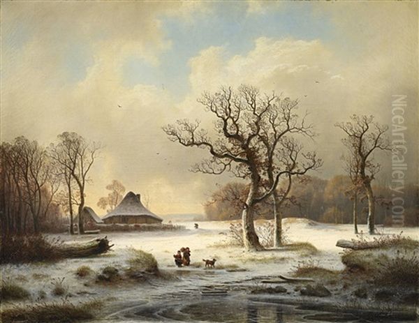 Winterlandschaft Mit Gehoft Und Reisigsammlern Oil Painting by Johann Gustav Lange