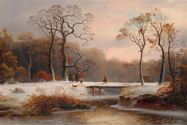 Jager Mit Beute In Winterlicher Landschaft Oil Painting by Johann Gustav Lange