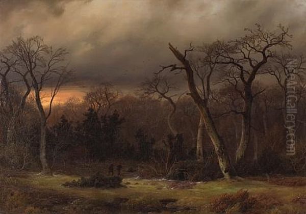 Hunters At Dusk Oil Painting by Johann Gustav Lange