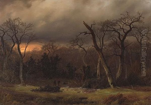 Hunters At Dusk Oil Painting by Johann Gustav Lange