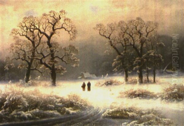 Zwei Frauen Auf Dem Weg In Verschneiter Winterlicher Landschaft Oil Painting by Johann Gustav Lange