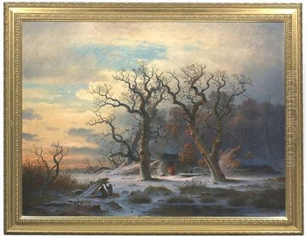 Abendliche Winterlandschaft Mit Einer Kohlerhutte Oil Painting by Johann Gustav Lange