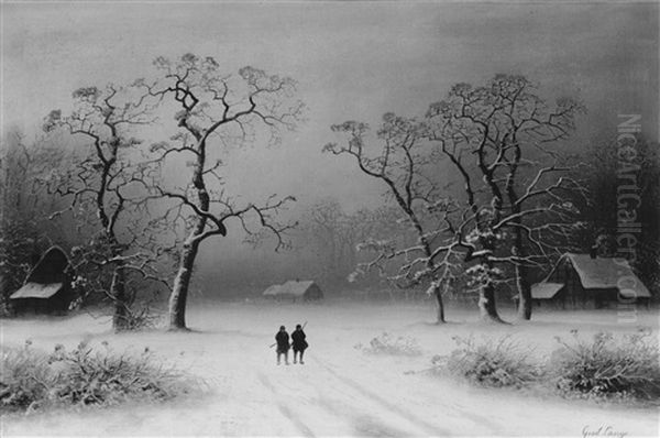 Winterlandschaft Mit Zwei Jagern Oil Painting by Johann Gustav Lange