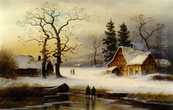 Abendstimmung Uber Winterlandschaft Mit Flusslauf Und Jagern Oil Painting by Johann Gustav Lange