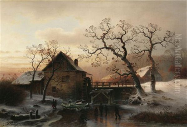 Eisvergnugen. Buntes Treiben Vor Einer Wassermuhle In Der Abendsonne Oil Painting by Johann Gustav Lange