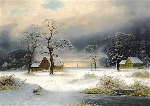 Huse I Byens Udkant. Hen Under Aften, Vinter Oil Painting by Johann Gustav Lange