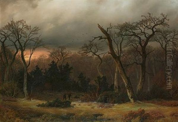 Hunters At Dusk Oil Painting by Johann Gustav Lange