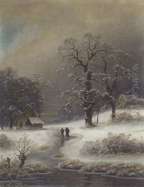 Dorf In Winterlandschaft Oil Painting by Johann Gustav Lange