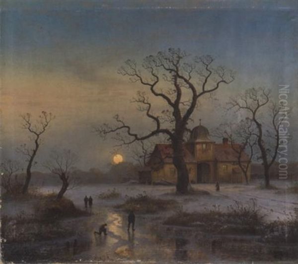 Eisvergnugen Am Mondbeschienenen Gutshof Oil Painting by Johann Gustav Lange