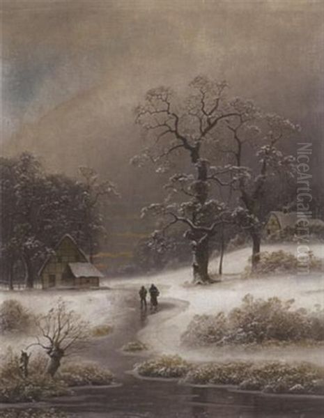 Dorf In Winterlandschaft Oil Painting by Johann Gustav Lange