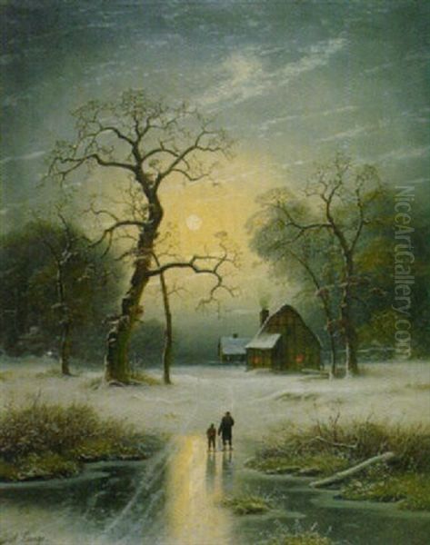 Winterlandschaft Bei Mondlicht Oil Painting by Johann Gustav Lange